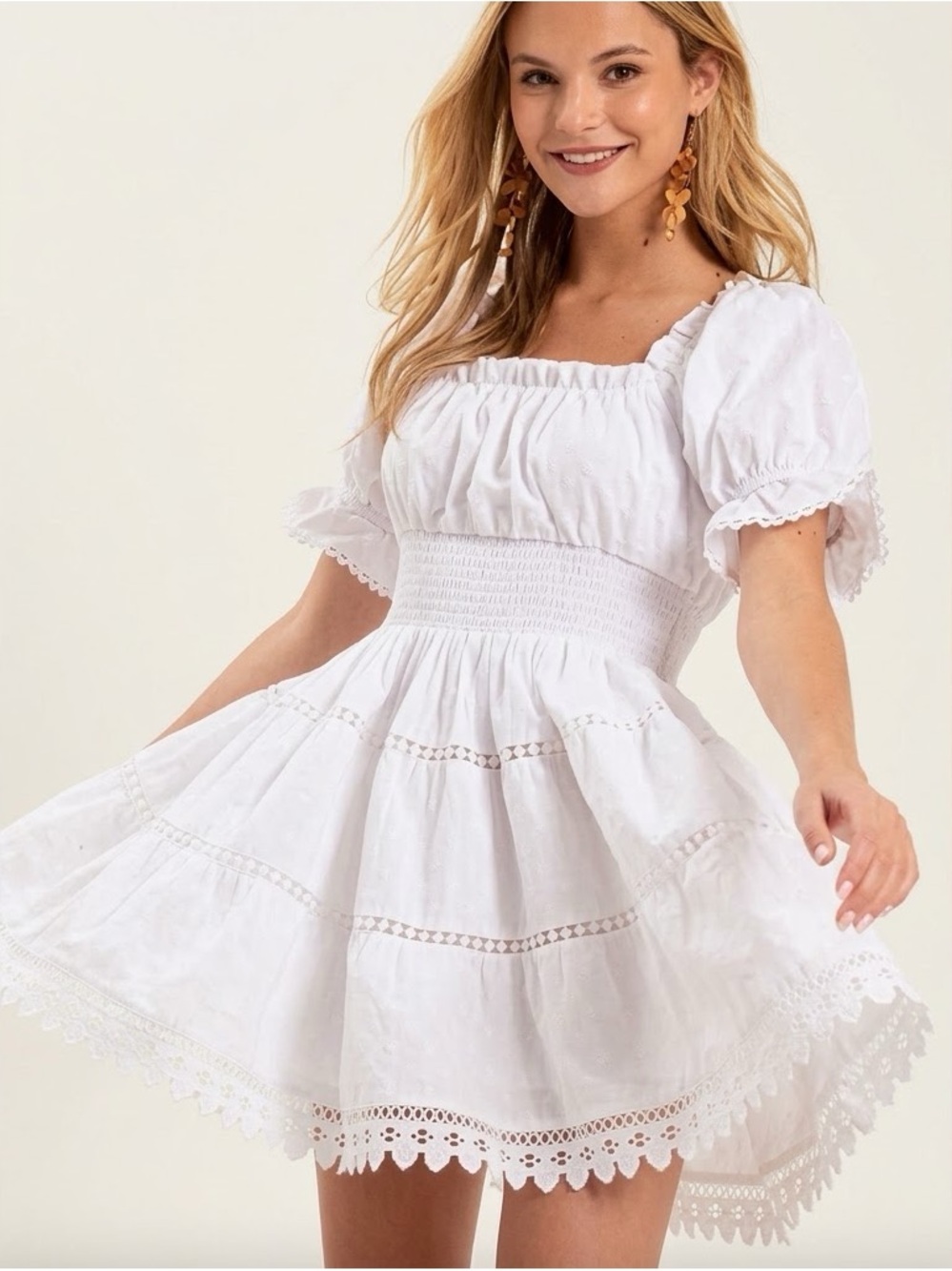 Altar’d State Puff Sleeve Tiered Mini Dress in White